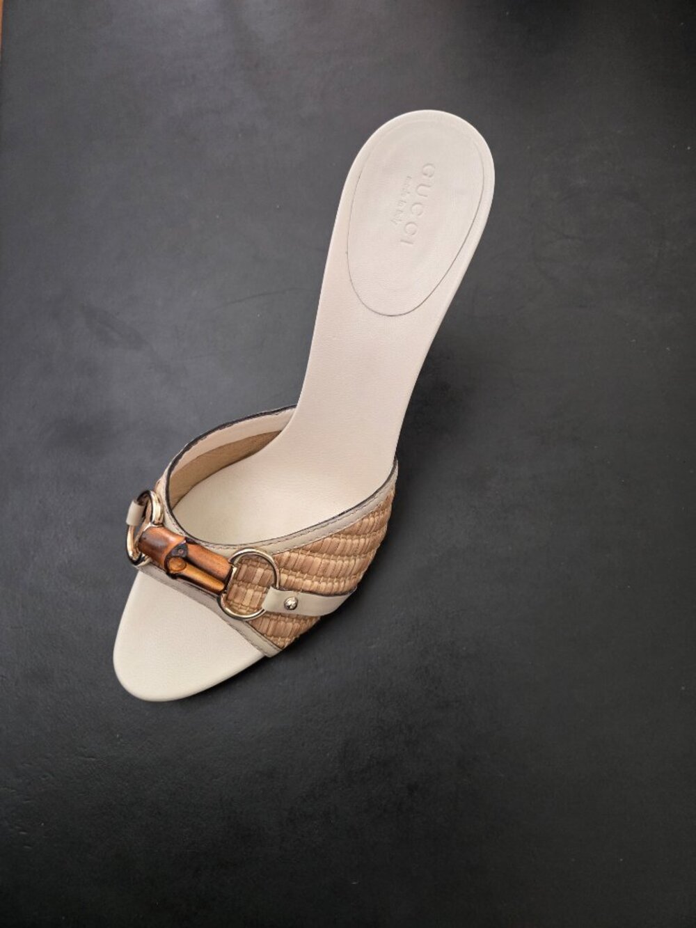 Vintage Gucci Bamboo Horsebit Mules - Raffia Vamp, 3" Heel, Italy, Size 9 1/2 - Picture 2 of 11